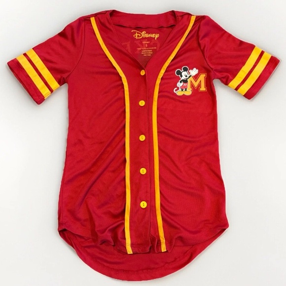Disney Mickey Mouse Baseball Jersey #28 Womens S Red Button Down Short Sleeve - Picture 1 of 6